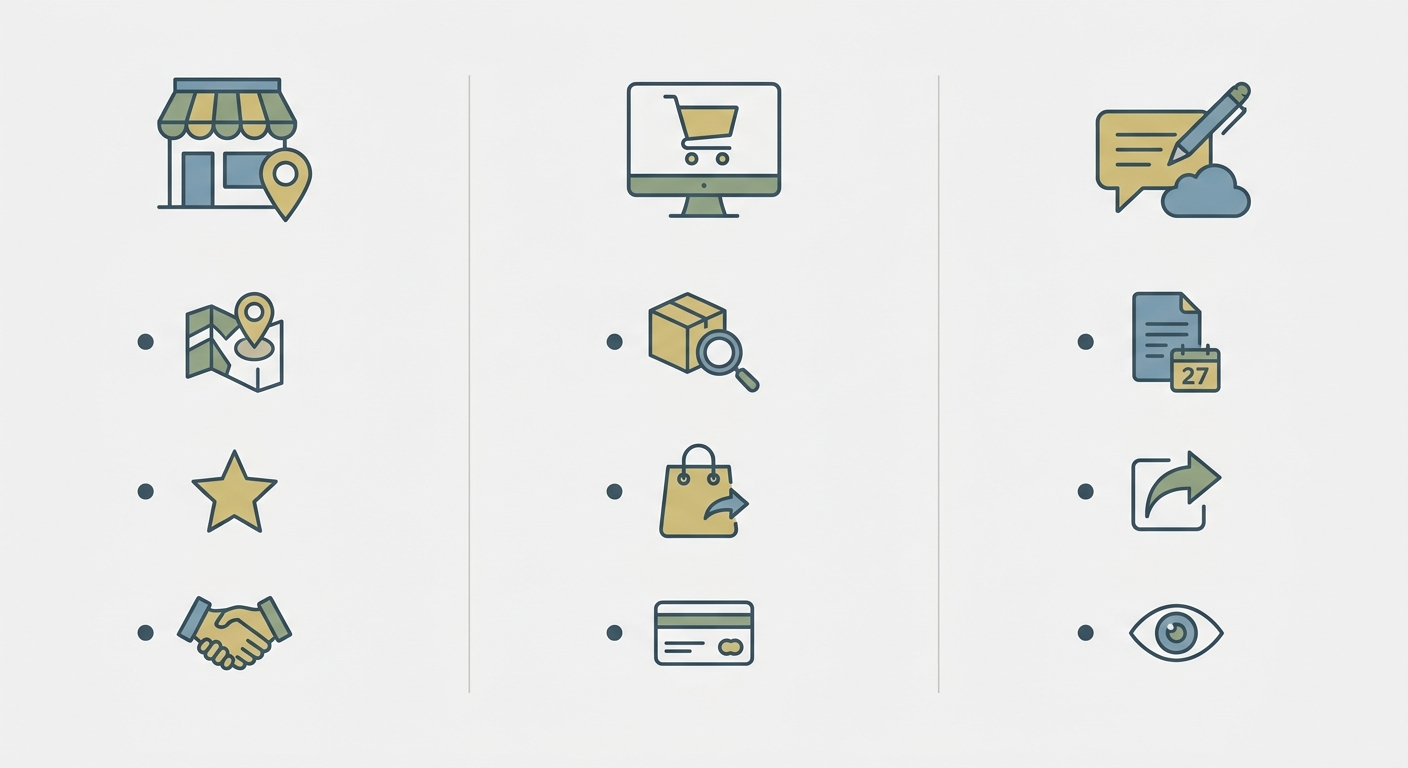 AI-generated illustration of SEO priorities compared across local business, e-commerce, and blog website types