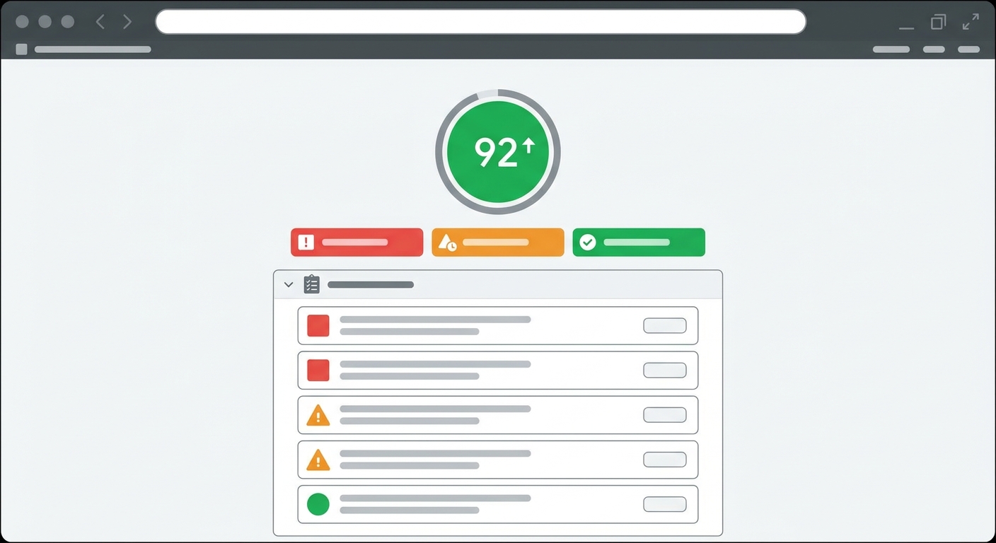 AI-generated illustration of example Google PageSpeed Insights report showing technical SEO performance scores