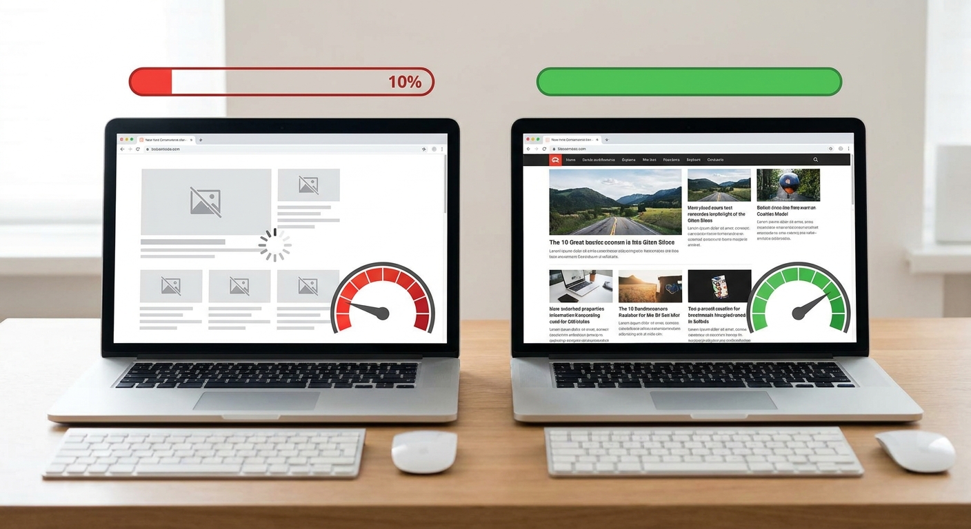 AI-generated illustration of vergelijking van een trage versus snelle WordPress-site met laadtijdindicator