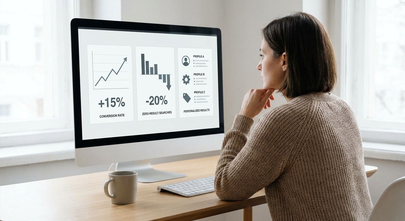 AI-generated illustration of business benefits of AI search — conversion rates and analytics dashboard