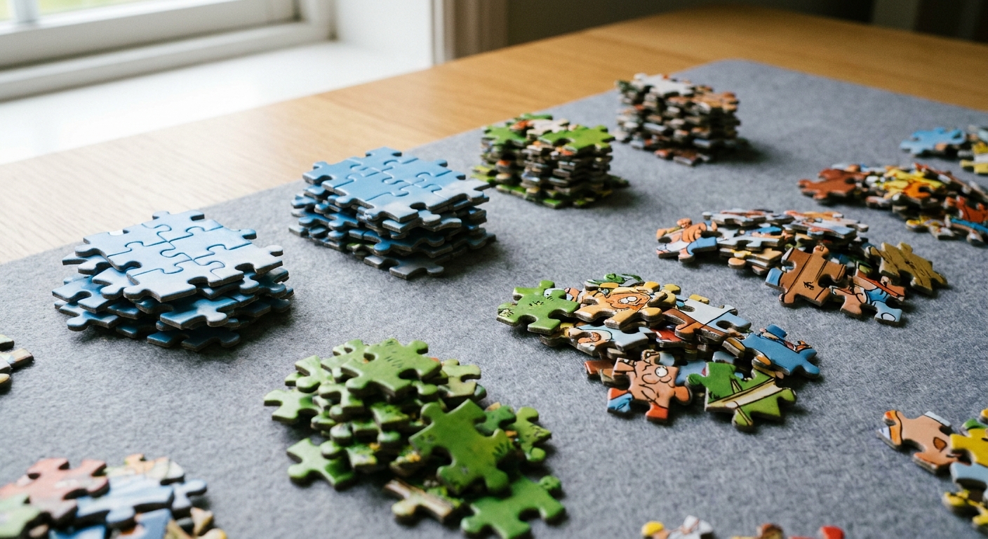 Gesorteerde Wasgij puzzelstukjes op een puzzelmat