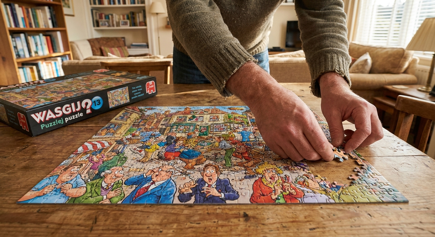 AI-generated illustration of puzzelaar legt het laatste stukje van een Wasgij puzzel
