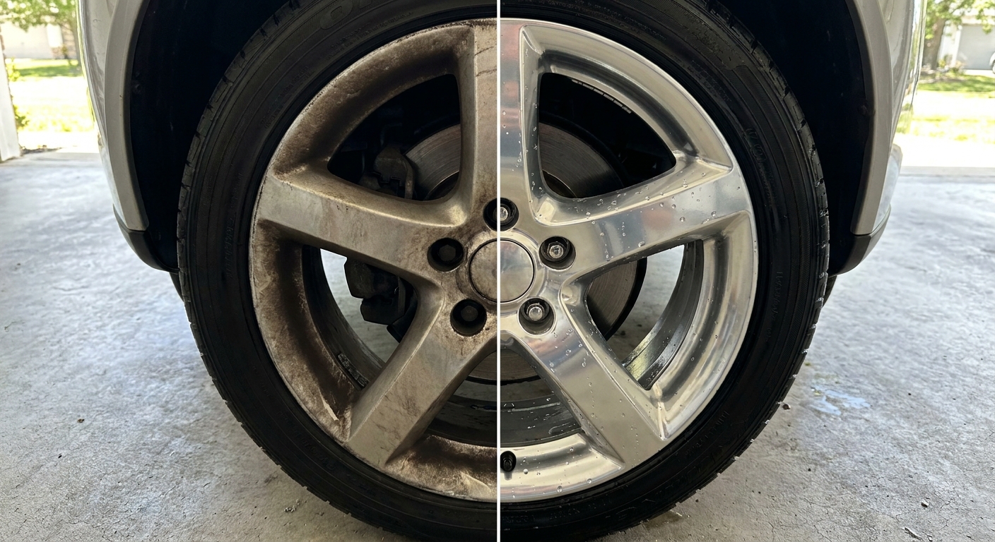 AI-generated illustration of voor en na gebruik van Purus Rim Cleaner 500ml op lichtmetalen velg