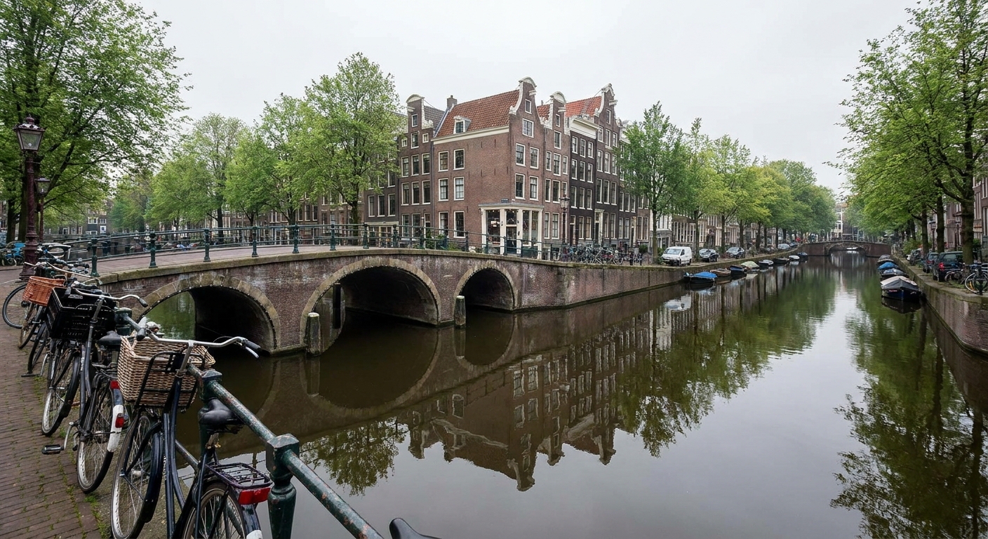 AI-generated illustration of amsterdamse gracht met historische grachtenpanden en fietsen op de brug