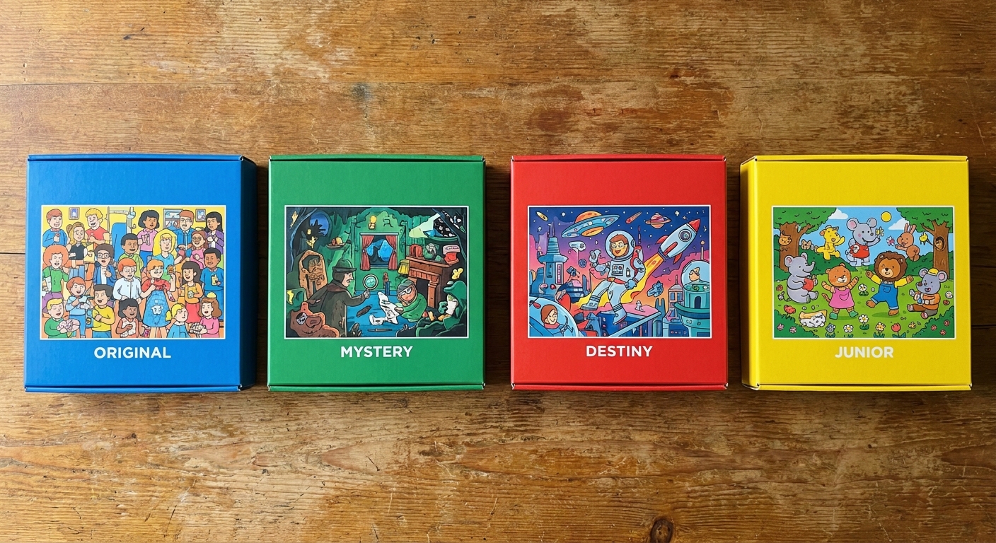 Verschillende Wasgij puzzeldozen van de series Original, Mystery, Destiny en Junior naast elkaar