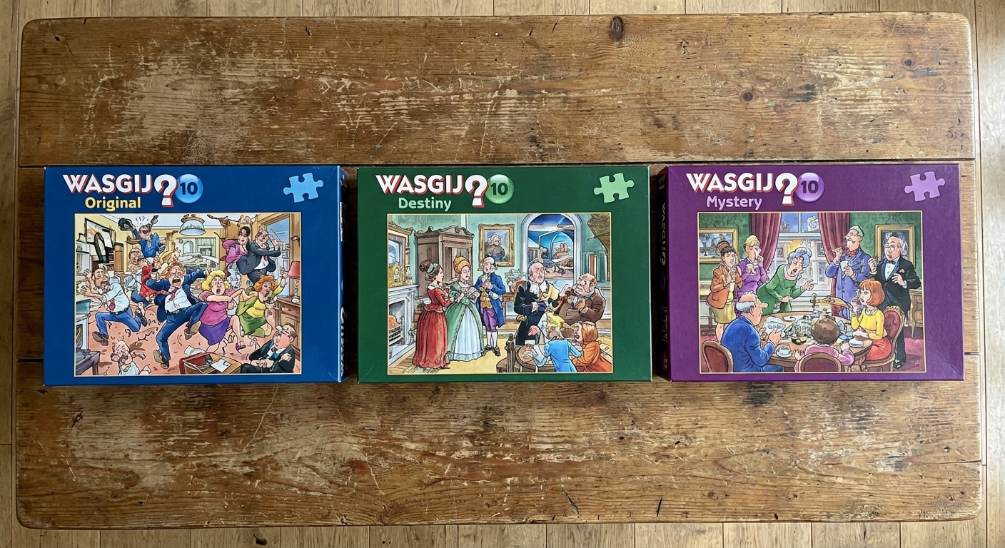 AI-generated illustration of overzicht van Wasgij Original, Destiny en Mystery puzzeldozen naast elkaar