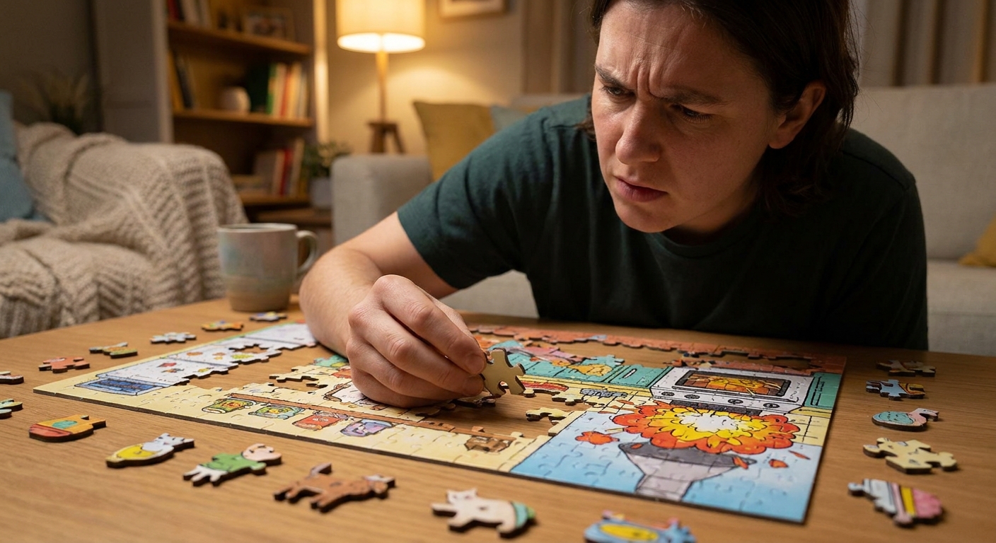 AI-generated illustration of persoon die geconcentreerd een Wasgij puzzel legt met kleurrijke puzzelstukjes om zich heen