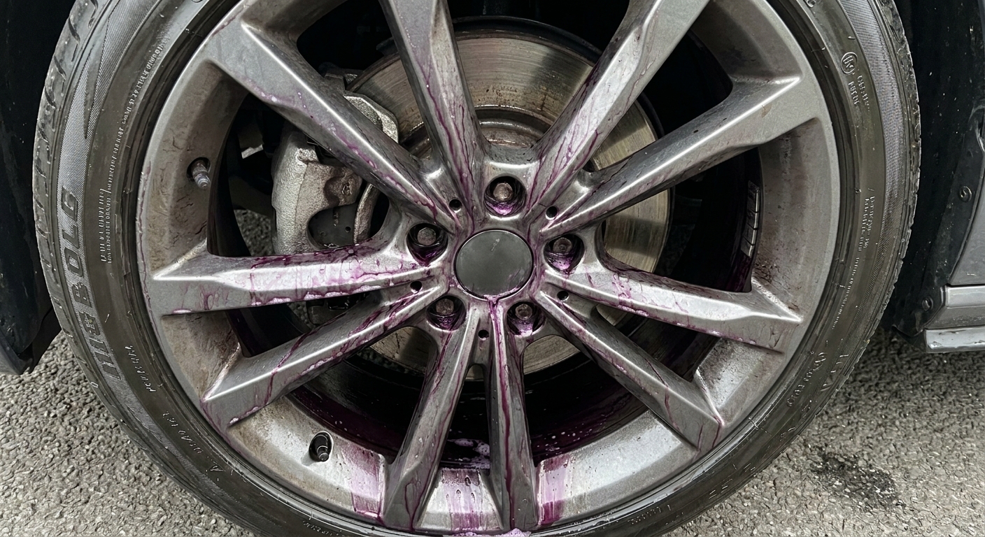 AI-generated illustration of paars verkleurende rim cleaner op lichtmetalen velg tijdens inwerking