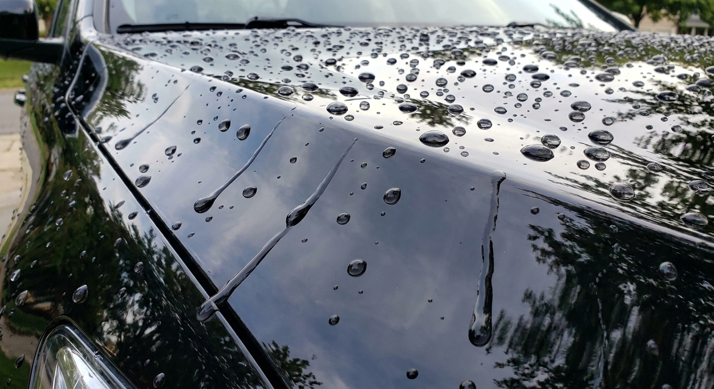 AI-generated illustration of waterbeading effect op zwarte autolak na aanbrengen van Purus Ceramic Guard 500ML
