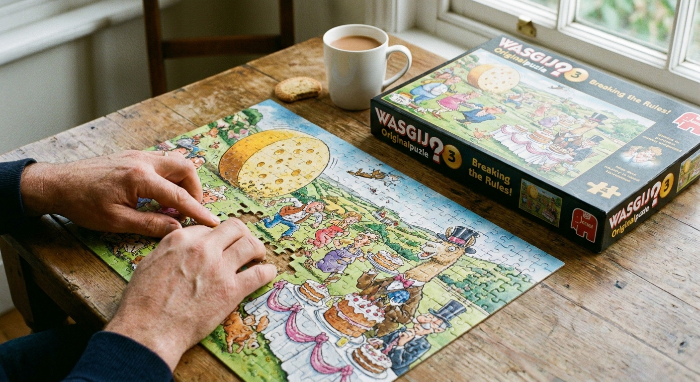 Puzzelstukje plaatsen in een Wasgij puzzel op een gezellige tafel