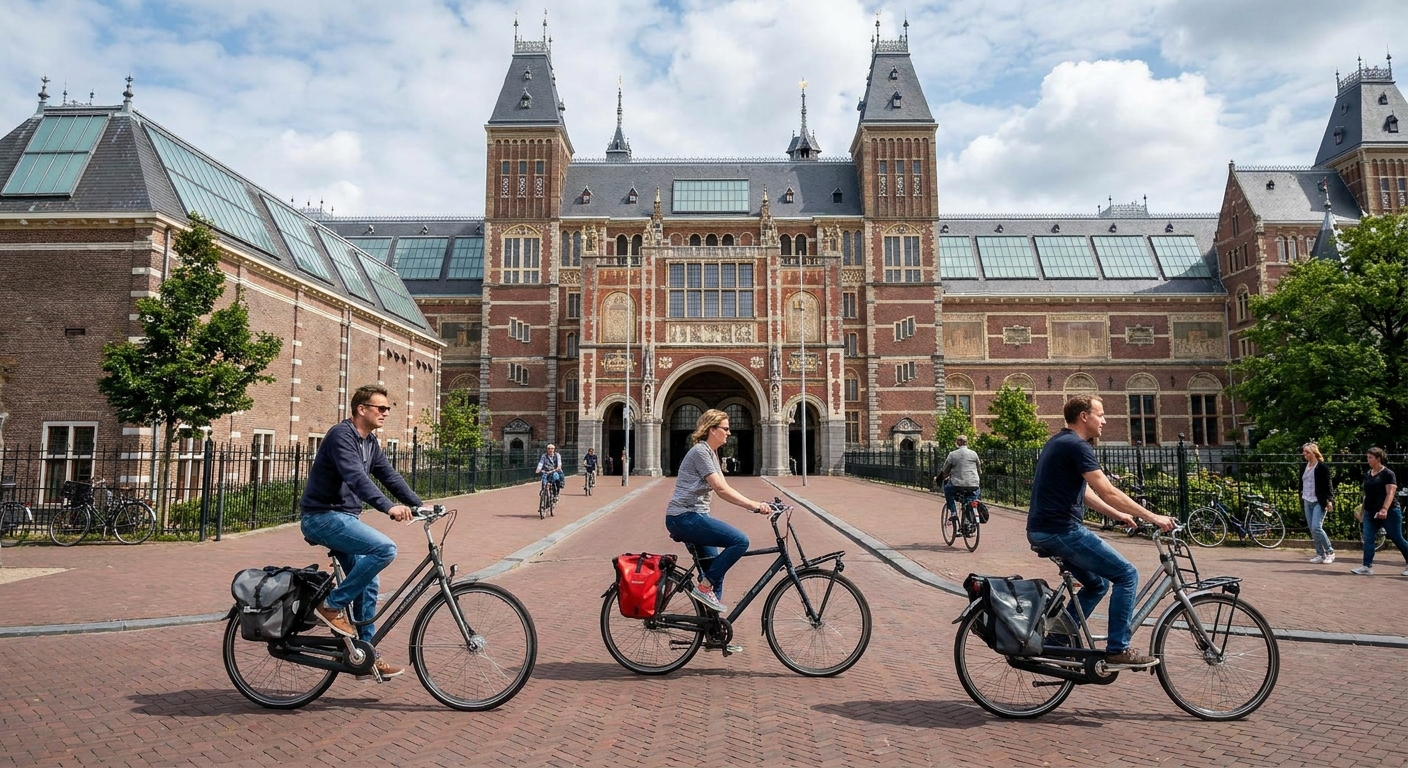 AI-generated illustration of fietsers voor het Rijksmuseum in Amsterdam