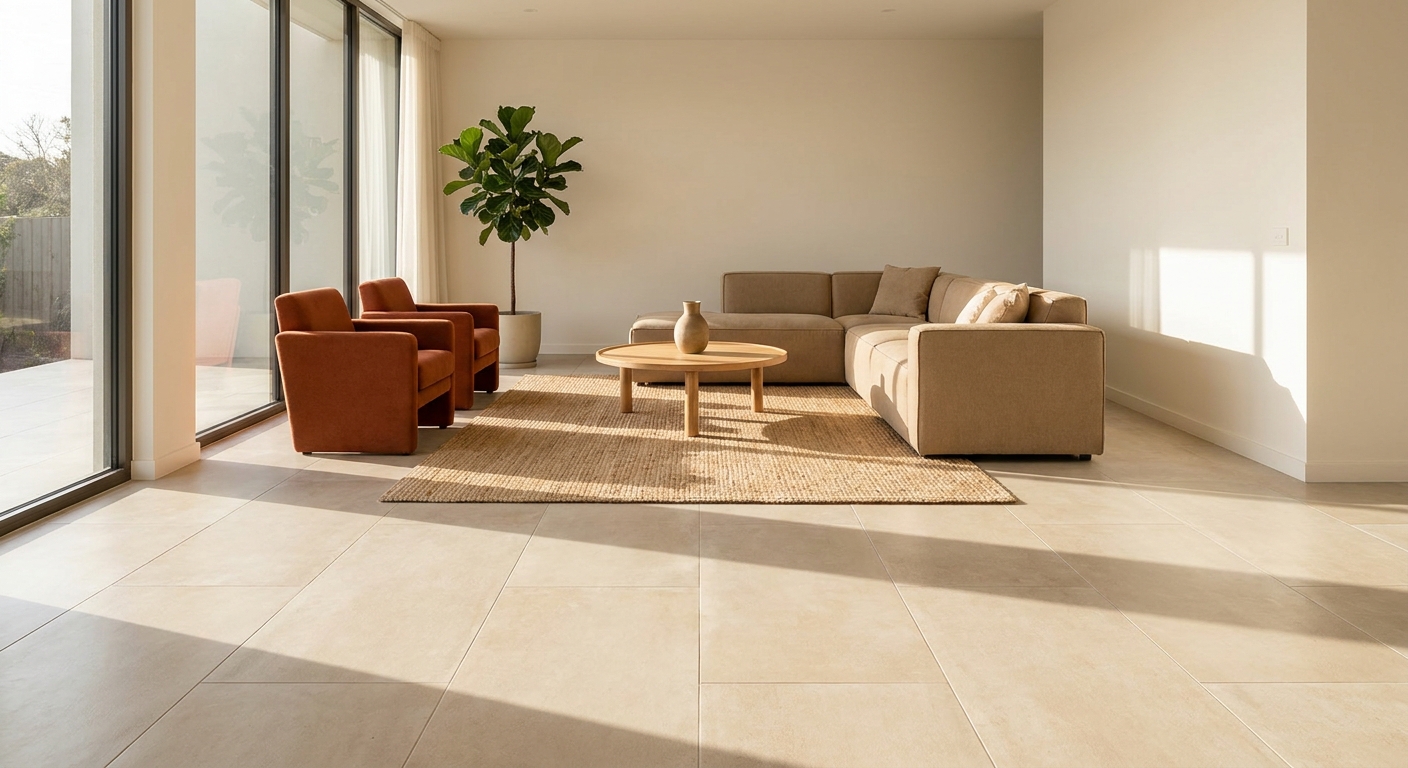 AI-generated illustration of beige tegelvloer in moderne woonkamer met natuurlijk licht